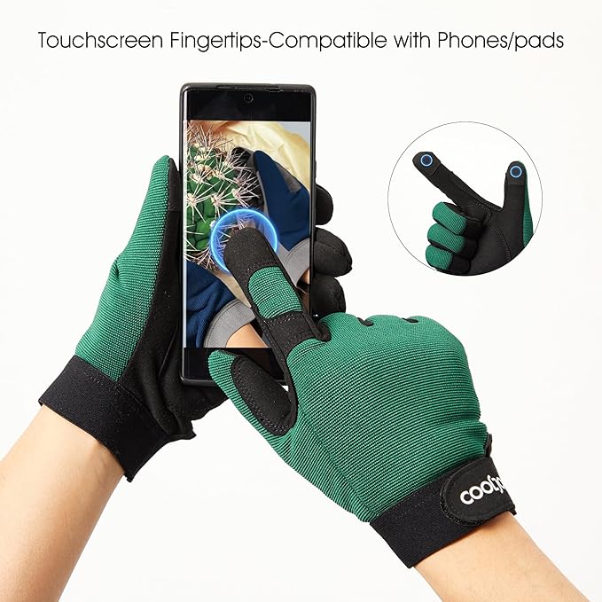COOLJOB Thorn Proof Garden Gloves with Touchscreen Fingers for Men, Rose Pruning Work Gloves with Palm Cushion for Gardener, Farmer and Landscaper (Green 1 Pair Large)