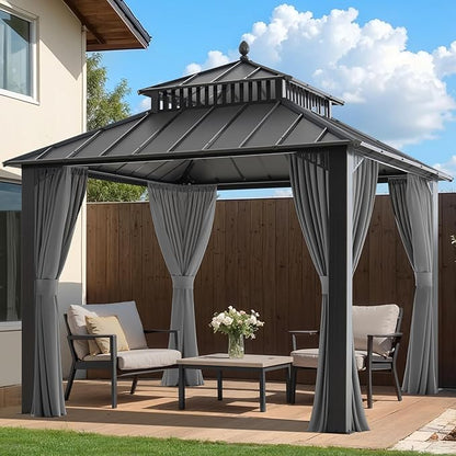 SUNJOY Kingston 10' x 10' Hardtop Gazebo with Galvanized Steel Double Roof, Curtain and Netting, Gray Aluminum Posts Permanent Pavilion Gazebo for Garden, Patio, Deck, Lawn