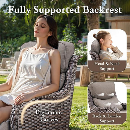 Luxury High Back Outdoor Furniture with 6-inch Extra Thick Cushions, Patio Furniture Set with Fire Pit Table & Swivel Chairs, 9 PCS Wicker Conversation Set for Yard, Deck, Poolside, Brown/Grey
