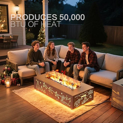 42" Outdoor Fire Pit Table, 50,000 BTU Gas Fire Pit with Glass Wind Guard, Fire Stones, Waterproof Cover, Propane Fire Pit Table for Outside Patio Hollow-Out (Elk, Brown)