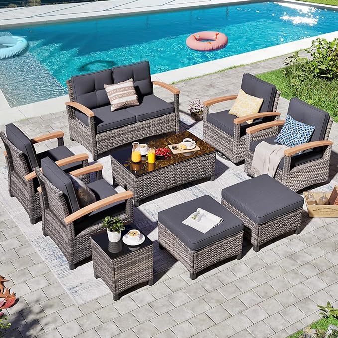 MEISSALIVVE 9 Pieces Outdoor Patio Furniture Sets,PE Wicker Patio Conversation Sets with 2 Wood Armrests Swivel Rocker Chairs,2 Single Chairs, 2-seat Sofa and Coffee Table(Grey)