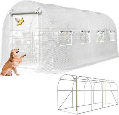 KING BIRD Premium 15x6.6x6.6FT Greenhouse for Outdoors, Large Walk-in Upgraded Galvanized Metal Frame, Mesh Door Screen Window Improved Zipper Tunnel Hoop for Garden Plant Winter, 2 Stiffeners, White