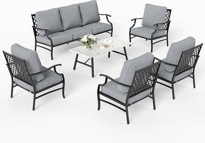 6 Piece Metal Outdoor Patio Furniture Set, Patio Conversation Sets 1 3-Seater Sofa, 4 Fixed Chairs with 5.75" Thick Cushion and Coffee Table, Backyard Furniture Set for Deck, Gray