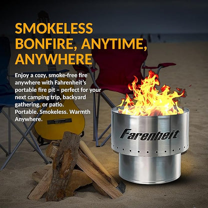 Farenheit 13.5" Stainless Steel Smokeless Fire Pit | Portable Outdoor Wood Burning Firepit for Backyard, Camping, Patio & Deck | Compact Low Smoke Design