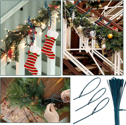 100pcs Christmas Garland Ties Green Flexible Self Locking Nylon Strap 15.7Inch Adjustable Reusable Garland Hanger Decorating Holiday Banister Twist Ties for Christmas Light Wreath Making Door Stairway