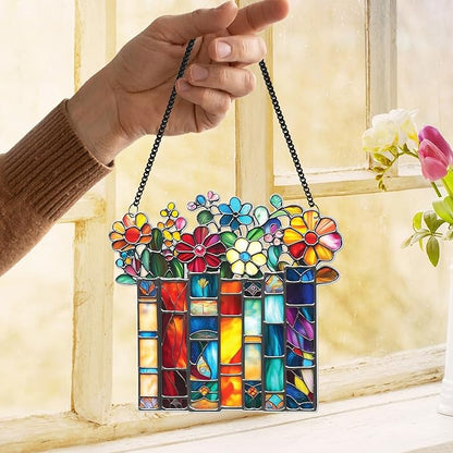 2 Book Floral Shelf Suncatchers Window Hanging Acrylic Ornaments Back to School Teacher Appreciation Gifts, Book Lover Gifts for Women Librarians Readers Bookshelf Decor for Home Library SS345
