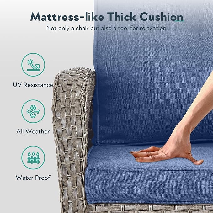 7 Piece Patio Furniture Set - Wicker Patio Conversation Set with Swivel Glider, 3 Seat Sofa, 2 Ottomans, Glass Side Table and Coffee Table for Deck Backyard - Grey Wicker Blue Cushion