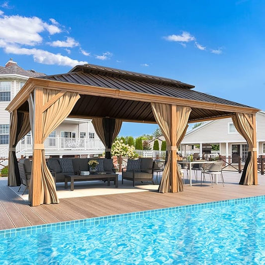 MELLCOM 12' x 20' Hardtop Gazebo, Wood Grain Aluminum Frame Outdoor Gazebo with Galvanized Steel Double Roof, Permanent Metal Pavilion with Curtains and Nettings for Patios, Gardens and Lawns