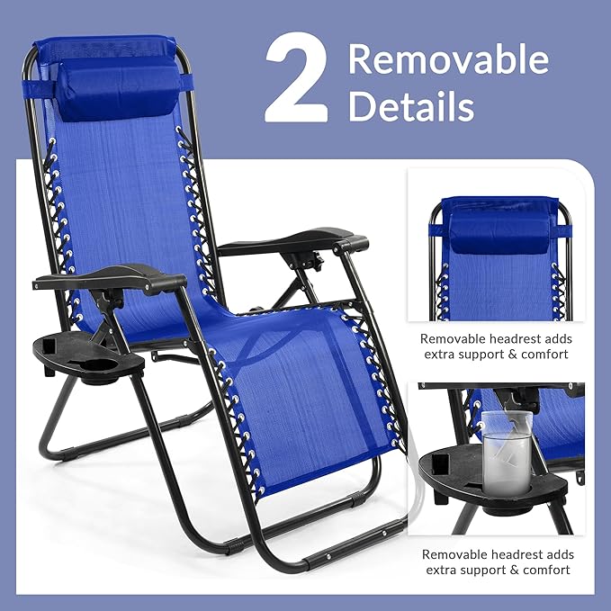 Elevon Zero Gravity Chair Set of 2 with Cup Holder & Removable Pillows, Adjustable Reclining Outdoor Patio Folding Chairs Portable Lounge Chair Furniture for Poolside, Lawn, Beach, Camping, Blue