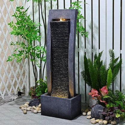 Water Fountain Outdoor Curved Faux Slate Waterfall Feature Freestanding Fountains Indoor Floor Standing Water Fountainswith LED Lights, Pump, Natural Stones for Garden, Patio