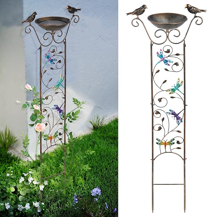 SUNNYPARK Bird Bath with Trellis Outdoor, Antique Garden Iron Plant Trellis with Decorative Dragonfly Detachable Bird Bath Bowl Metal Potted Plant Support for Climbing Flowers