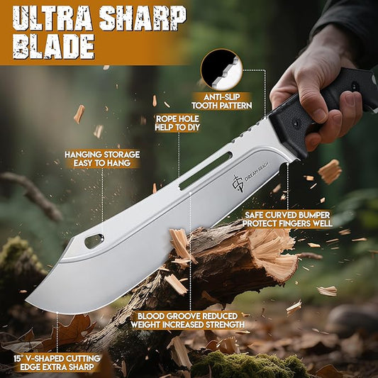 Dream Reach Heavy Duty Machete - Portable Full Tang Outdoor Knife with Sheath Strap for Camping Hiking Gift for Men 9.6 Inches