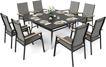 Sophia & William Patio Dining Set for 8, Lightweight Aluminum Outdoor Dining Chairs and Large Square Metal Table, Stackable Chairs and Easy to Move for Lawn Garden Yard (Grey)