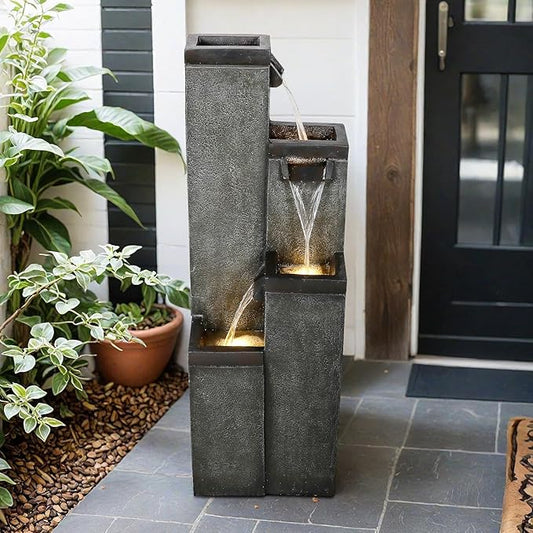 SunJet 4-Tier Modern Water Fountain, Indoor/Outdoor Resin Water Fountains with Soothing Water Sounds, Perfect for Garden, Patio, Home & Office, 12.5" L x 9.4" W x 39.3" H