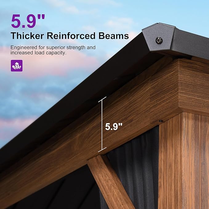 PURPLE LEAF 10' X 14' Hardtop Gazebo with Storage Box Outdoor Wood Grain Aluminum Frame Galvanized Steel Double Roof Gazebos with Netting and Curtains for Patio Deck Backyard Garden