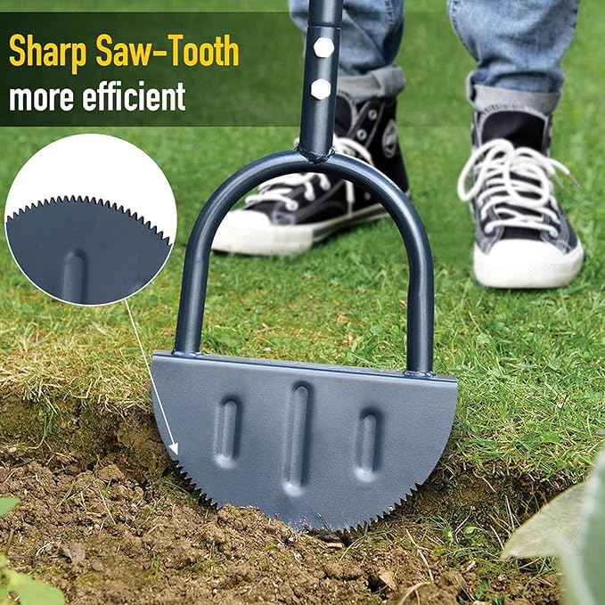 Lawn Edger Tool, Manual Grass Edger, Saw Tooth Garden Edger Hand with Long Handle, Manual Edger, Half Moon Edger for Yard, Garden, Landscaping, Sidewalk, Cable Burying