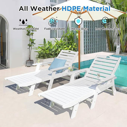 nalone Outdoor Chaise Lounge Chair Set of 2 with Wheels & Cup Holder, HDPE Pool Lounge Chairs with 5-Position Adjustable Backrest Supports Up to 400 LBS for Patio Poolside Deck Beach Backyard (White)