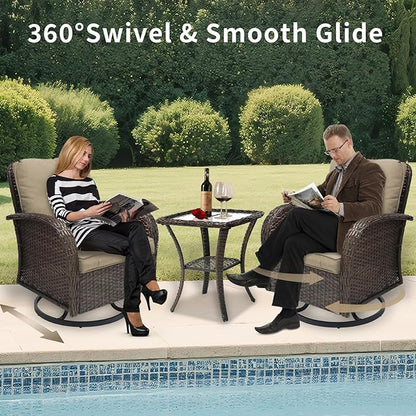 3 Pieces Patio Furniture Set, Outdoor Swivel Rocking Chair Set of 2 with Side Table - 360° Swivel, Thick Cushions, All-Weather Bistro Set for Deck, Porch, Pool(Brown, Brown Full-Weave Rattan)