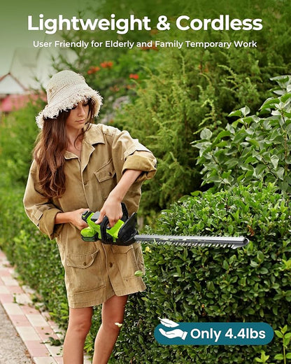 20'' Hedge Trimmer Cordless with Battery, 3000RPM Electric Handheld Bush Clipper with 2pcs 2000mAh Rechargeable Batteries, 180° Rotatable Head, 2/3'' Blade Gap Green