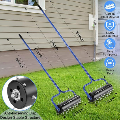 Rolling Lawn Aerator, 21" Pre-Assembled Aerator Lawn Tool, Heavy-Duty Grass Aerator with 45 Spikes, 75" Adjustable Handle Lawn Spike Aerator Roller – Yard Aerator for Lawn Care, Blue