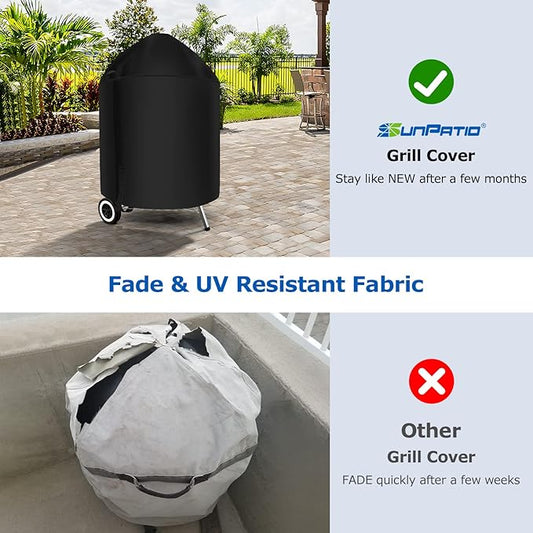 SunPatio Heavy Duty Waterproof Grill Cover Compatible for Weber, Big Green Egg, Char-Broil 22 Inch Charcoal Kettle Grills, Outdoor FadeStop BBQ Cover, Compared to Weber 7150, 27.5" Dia x 38" H