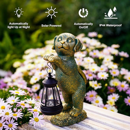 Dog Statue with Solar Lantern - 9.84 Inch Resin Solar Outdoor Lawn Yard Garden Decor - Unique Design Gifts for Women Mom Men (Copper)