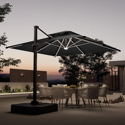 10x10 FT Cantilever Patio Umbrella with Led Lights Double Top Outdoor Square Heavy Duty Offset Umbrellas 360°Rotation Free-motion Track Tilt Windproof for Pool Deck Garden, Grey