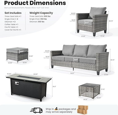 ovios 9 Pieces Patio Furniture Set with 54" Fire Pit Table, Outdoor Sofa Couch with Solar Lights Table Comfy Cushions, Modern Deep Seat Wicker Rattan Conversation Set, Dark Grey