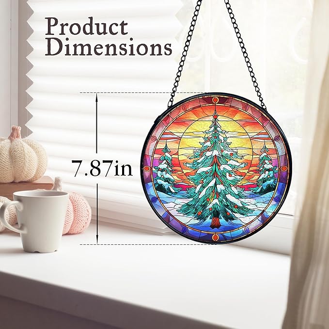 kdqua Christmas Tree Suncatcher Stained Glass Window Hanging, Winter Xmas Tree Sun Catchers Indoor Window Glass Round Wall Decor, Wall Art Hanging Decorations Statues, 7.9x7.9in