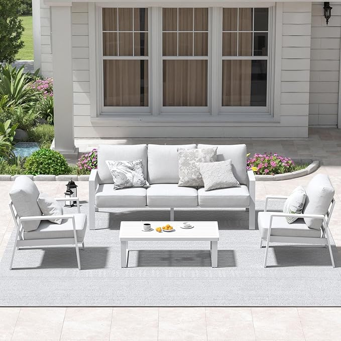 Aluminum Outdoor Coffee Table - White Rectangle Patio Tables for Deck, and Poolside