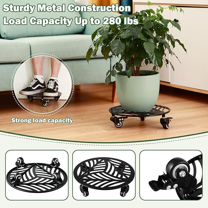 2 Packs Metal Plant Caddy with Wheels 13” Heavy-duty Wrought Iron Rolling Plant Stands with Casters Indoor and Outdoor Plant Pot Roller Base Plant Saucer Movers Black, Strong Load Capacity
