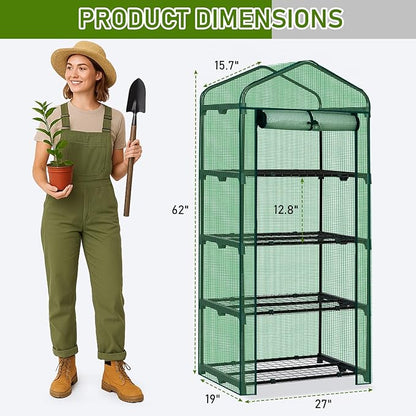 Outvita Mini Greenhouse, Small PE Plant Green House with 4 Tiers Rack, Shelf Clips, Roll-up Zipper Door, Gardening Supplies for Indoor Outdoor Seedling Frost Protection , 27"x19.6"x63" Green