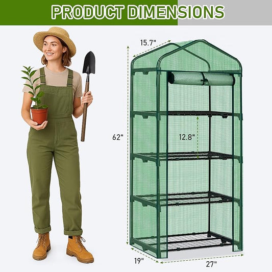 Outvita Mini Greenhouse, Small PE Plant Green House with 4 Tiers Rack, Shelf Clips, Roll-up Zipper Door, Gardening Supplies for Indoor Outdoor Seedling Frost Protection , 27"x19.6"x63" Green