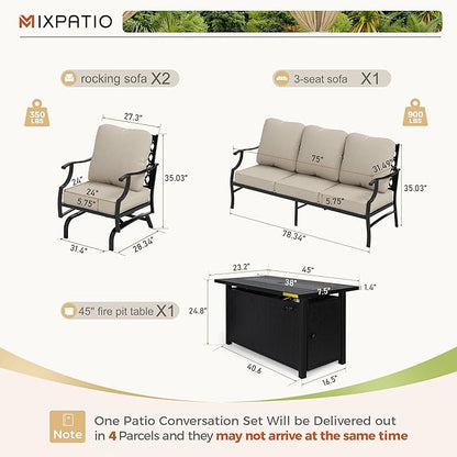 Patio Furniture Set with Firepit Table, 4 Pcs Metal Outdoor Conversation Set, 2 Rocking Chairs and 3 Seater Sofa with 5.75" Extra Thick Cushion and Gas Fire pit Table for Backyard Deck, Beige