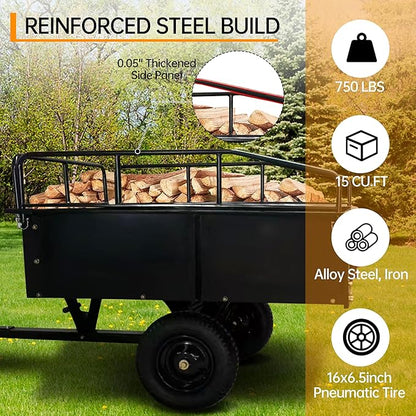 Heavy Duty Steel Dump Cart, 900 Lbs Utility Garden Trailer, ATV Dump Trailer with Removable Sides, 15 Cubic Feet HD Agricultural Trailers for Tractor Lawn Mower Garden