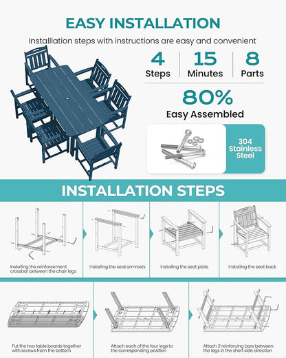 HDPE Outdoor Patio Dining Set with Table & 6 Chairs, All-Weather 7-Piece Outdoor Table and Chairs, 2" Umbrella Hole, Patio Furniture for Garden, Backyard, Deck | Navy Blue