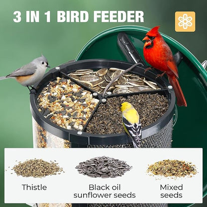 Veehoo Hanging Bird Feeder for Outdoors, 3 in 1 Large Capacity Metal Mesh Tube Bird Feeder for Thistle Nyjer Peanut, Wild Triple Finch Cardinal Feeders 6 lbs Seed Capacity for Outside