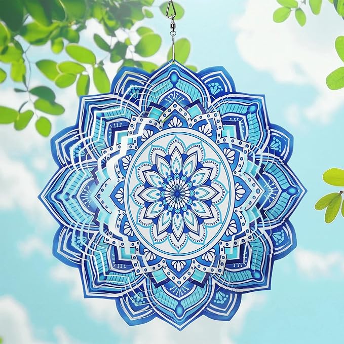 Wind Spinner Mandala Blue, 12-Inch 3D Kinetic Stainless Steel Metal Hanging Wind Spinners Outdoor, Flowers Yard Art Garden Porch Indoor Outdoor Decor
