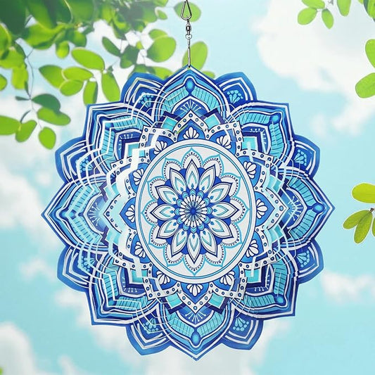 Wind Spinner Mandala Blue, 12-Inch 3D Kinetic Stainless Steel Metal Hanging Wind Spinners Outdoor, Flowers Yard Art Garden Porch Indoor Outdoor Decor