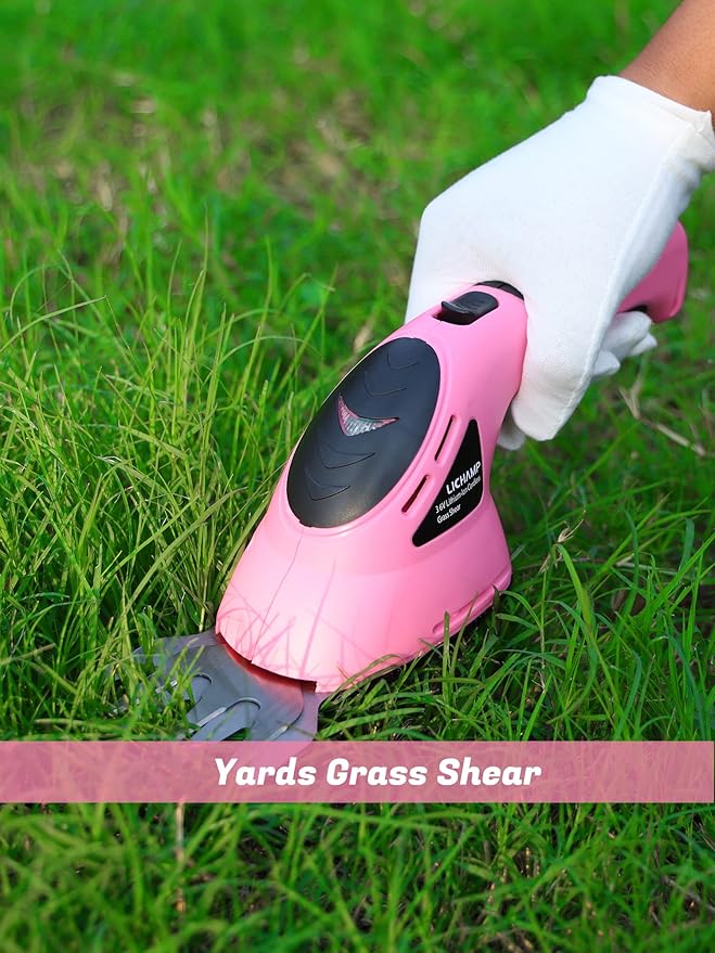 Lichamp 2-in-1 Electric Hand Held Grass Shear Pink Hedge Trimmer Shrubbery Clipper Cordless Battery Powered Rechargeable for Garden and Lawn, CGS3602PK Pink