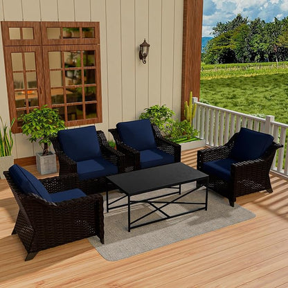 Vista Vibe 5 Pieces Outdoor Rattan Patio Conversation Furniture Set - 4 Wicker Chairs | Steel Coffee Table, Premium & Washable Cushions, Living Room, Poolside (Brown/Navy)