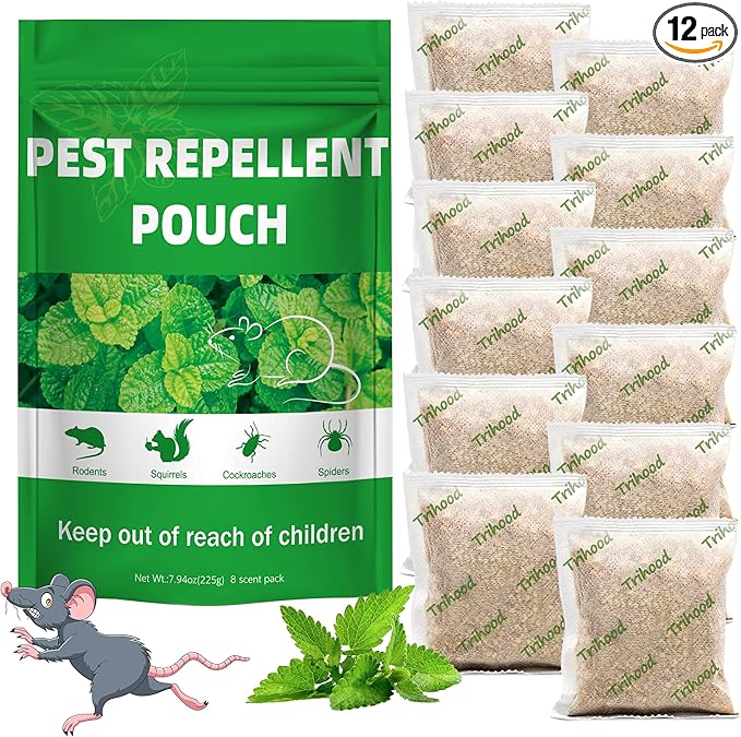 12 Pack Peppermint Oil Mouse Repellent Pouches - Powerful Pest Repellent for Rodent Rat Mice Skunk Squirrel Roach Moth, Mice Deterrent for House/Car/RV/Garage/Boat/Shed/Basement, Plant-Based Formula