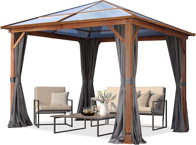 TOOLPORT Hardtop Gazebo 10x10 ft with Polycarbonate Roof - Wood-Like Finish - 4 Side Panels in Gray