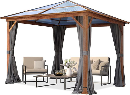 TOOLPORT Hardtop Gazebo 10x10 ft with Polycarbonate Roof - Wood-Like Finish - 4 Side Panels in Gray