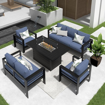Solaste Aluminum Patio Furniture Set with Fire Pit Table, 5 Piece Metal Outdoor Furniture with Water-Resistant Cushions, Modern Patio Conversation Set for Balcony, Front Porch, and Backyard, Blue