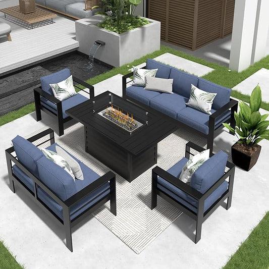 Solaste Aluminum Patio Furniture Set with Fire Pit Table, 5 Piece Metal Outdoor Furniture with Water-Resistant Cushions, Modern Patio Conversation Set for Balcony, Front Porch, and Backyard, Blue
