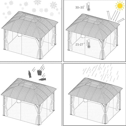 Domi 10'x12' Hardtop Gazebo Arc Canopy,Outdoor Aluminum Gazebo with Galvanized Steel Double Roof,Curtain and Netting,Permanent Gazebos Pavilion for Patio Deck,Backyard,Gray