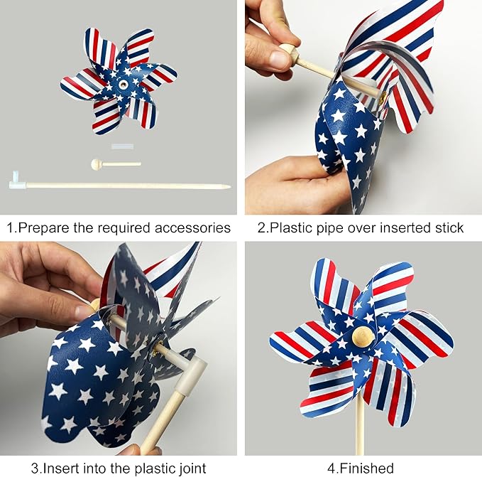 IiILittle 12 Pack Patriotic Pinwheels, No Assembly Required, American Flag Pinwheels, Wind Spinners for Yard for 4th of July Decor, Memorial Day Decor, Patriotic Outdoor Decor