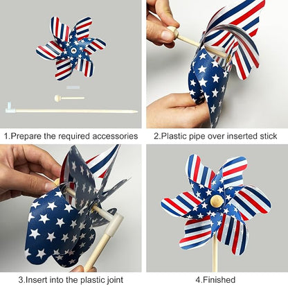 IiILittle 12 Pack Patriotic Pinwheels, No Assembly Required, American Flag Pinwheels, Wind Spinners for Yard for 4th of July Decor, Memorial Day Decor, Patriotic Outdoor Decor