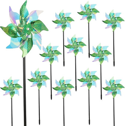 winemana 12 Pcs Reflective Pinwheels Outdoor, Wind Spinners for Yard & Garden, Sparkly Bird Repellent Windmill Scare Birds Away, Deterrent Devices for Outside Patio Lawn Spring Decor (Green)